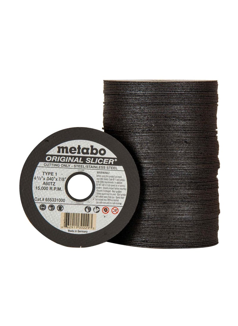 Metabo Metabo 655331000 100PACK  412inch Original Slicer Cutting Wheel  Type 1  45 x 040 x 78  A60TZ  Aluminum Oxide  Very Fast  Flexible  Steel Stainless Steel  - Image 1
