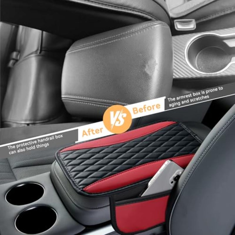 Patchwork Leather Car Center Console Cover, Microfiber Leather Vehicle Armrest Protector Cushion with 2 Storage Bags, Universal Cars Armrest Cushion for SUV, Sedan,  Truck - Image 3