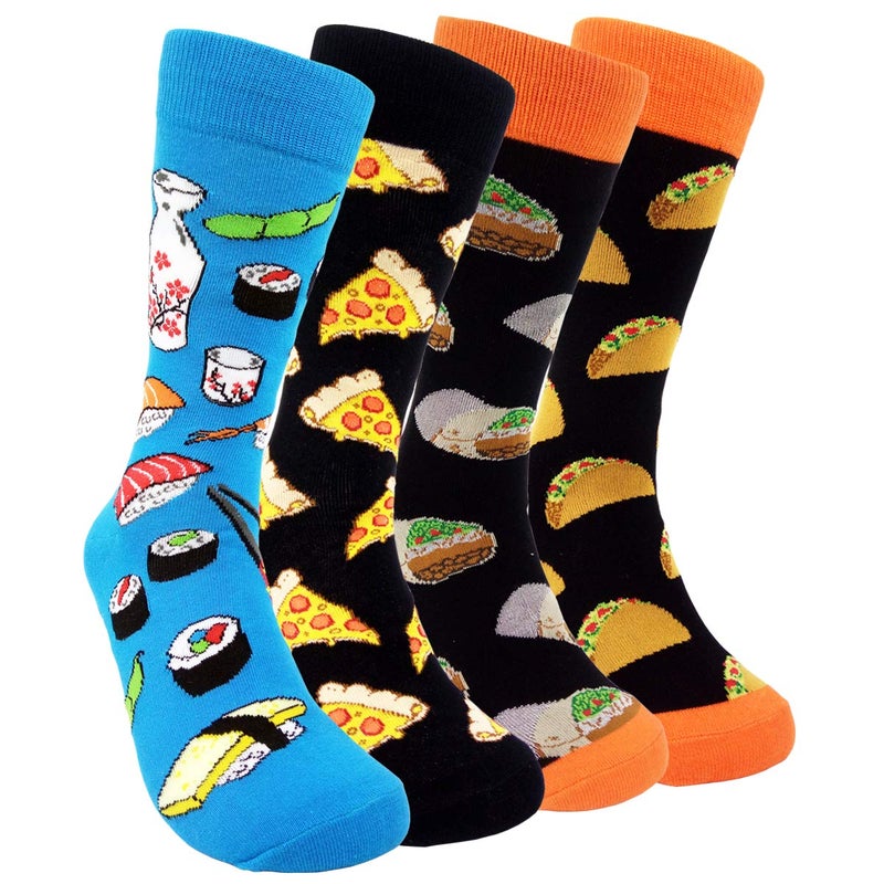 HSELL Mens Funny Food Pattern Dress Socks Sushi Cheese Taco Burritos Print Crazy Design Crew Socks Novelty Gift for Men Women Unisex Cotton Sock (4 Pairs - Sushi Cheese Taco Burritos) - Image 1