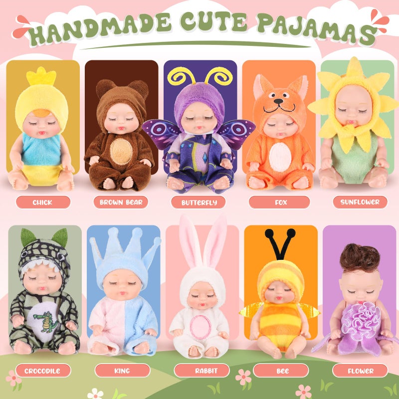 Hanaive 10 Pcs 4 Inch Mini Baby Dolls Lifelike Realistic Tiny Baby Dolls with Animal Clothes Cute Infant Figurine Gifts Set for Toddlers Girls Kids 3+ Easter Graduation Birthday(Cute Style) - Image 3