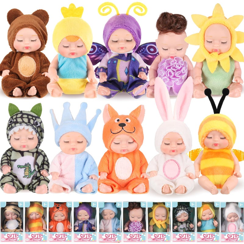 Hanaive 10 Pcs 4 Inch Mini Baby Dolls Lifelike Realistic Tiny Baby Dolls with Animal Clothes Cute Infant Figurine Gifts Set for Toddlers Girls Kids 3+ Easter Graduation Birthday(Cute Style) - Image 1