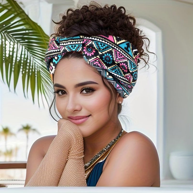 Generic Boho Printed Twist Cross Headband for Women Elastic Turban Hair Band Yoga Exercise Headwrap 