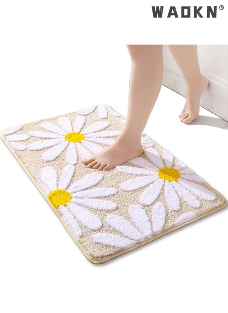 WAOKN Beige Bathroom Rugs Cute Daisy Bath Mat White and Yellow Flower Decor Rug Non Slip Floor Carpet Microfiber Bathmat Super Absorbent Machine Washable Bathtub Mats for Shower (16x24 inch)  - Image 1