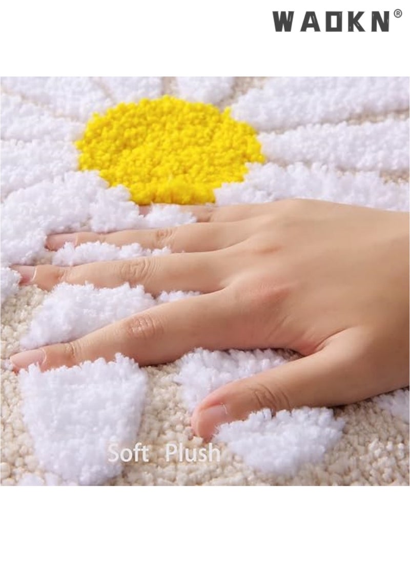 WAOKN Beige Bathroom Rugs Cute Daisy Bath Mat White and Yellow Flower Decor Rug Non Slip Floor Carpet Microfiber Bathmat Super Absorbent Machine Washable Bathtub Mats for Shower (16x24 inch)  - Image 2