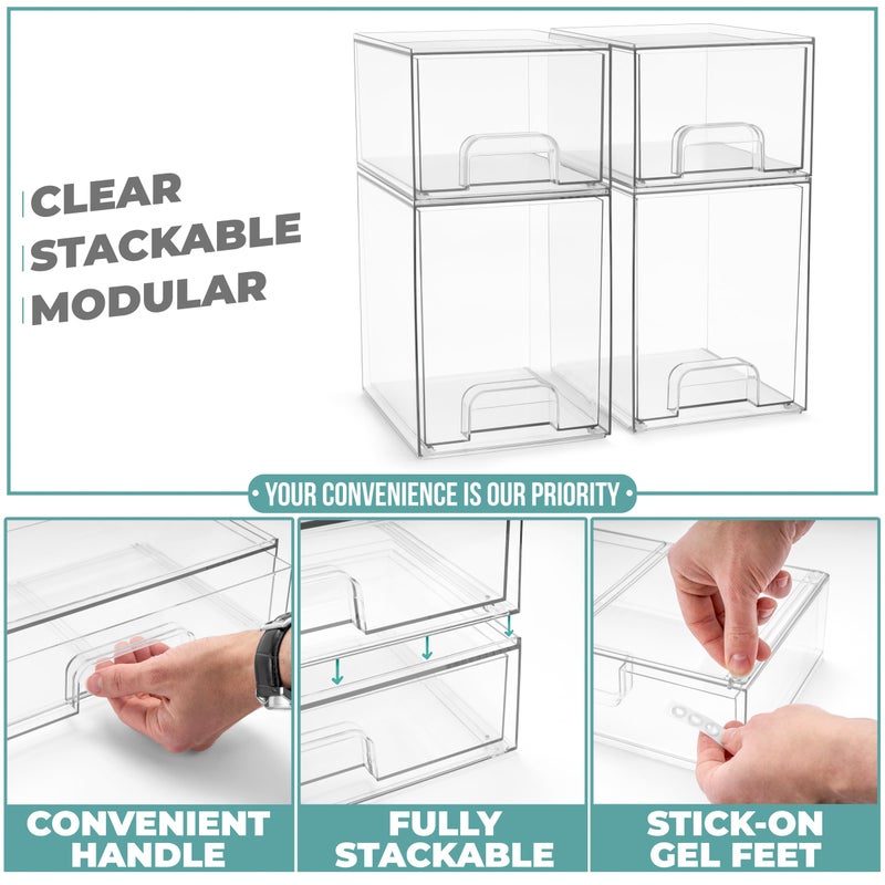 Sorbus Acrylic Storage Containers - 4 Pack, Stackable Storage Bins Set for Bathroom Organization - Clear Acrylic Drawer Organizers - Makeup Case Pull-Out Drawers (7.6â€™â€™ and 4.4â€™â€™ Tall) - Image 4