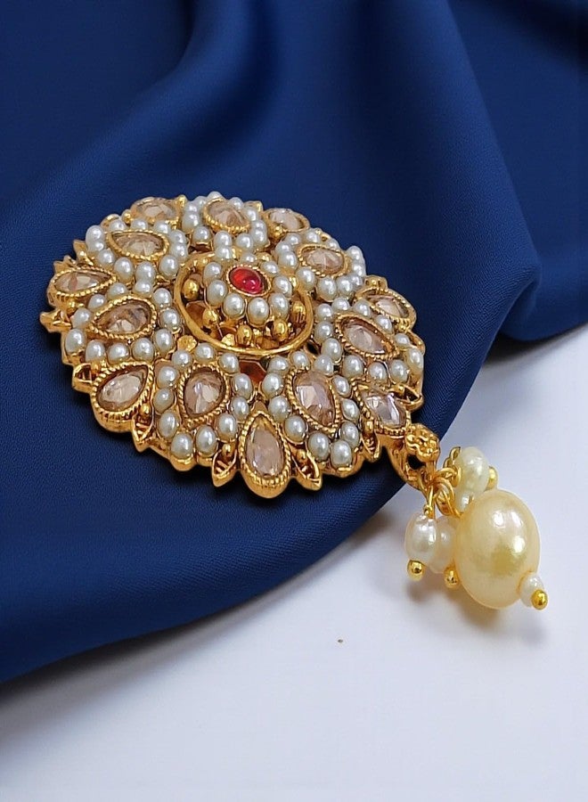 ACCESSHER Women & Girls Gold-Plated Traditional Red Stone Pearl Drop Multipurpose Clothing Sewing Brooch & Pin for Dupatta, Chunri Scrafs, Hijab & Saree Pin For Wedding - Image 4