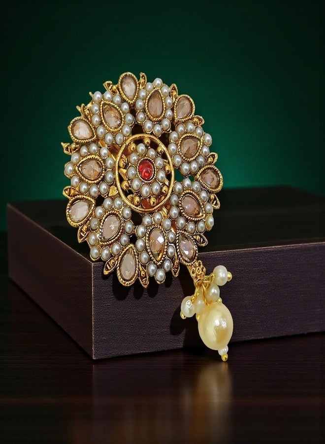 ACCESSHER Women & Girls Gold-Plated Traditional Red Stone Pearl Drop Multipurpose Clothing Sewing Brooch & Pin for Dupatta, Chunri Scrafs, Hijab & Saree Pin For Wedding - Image 3