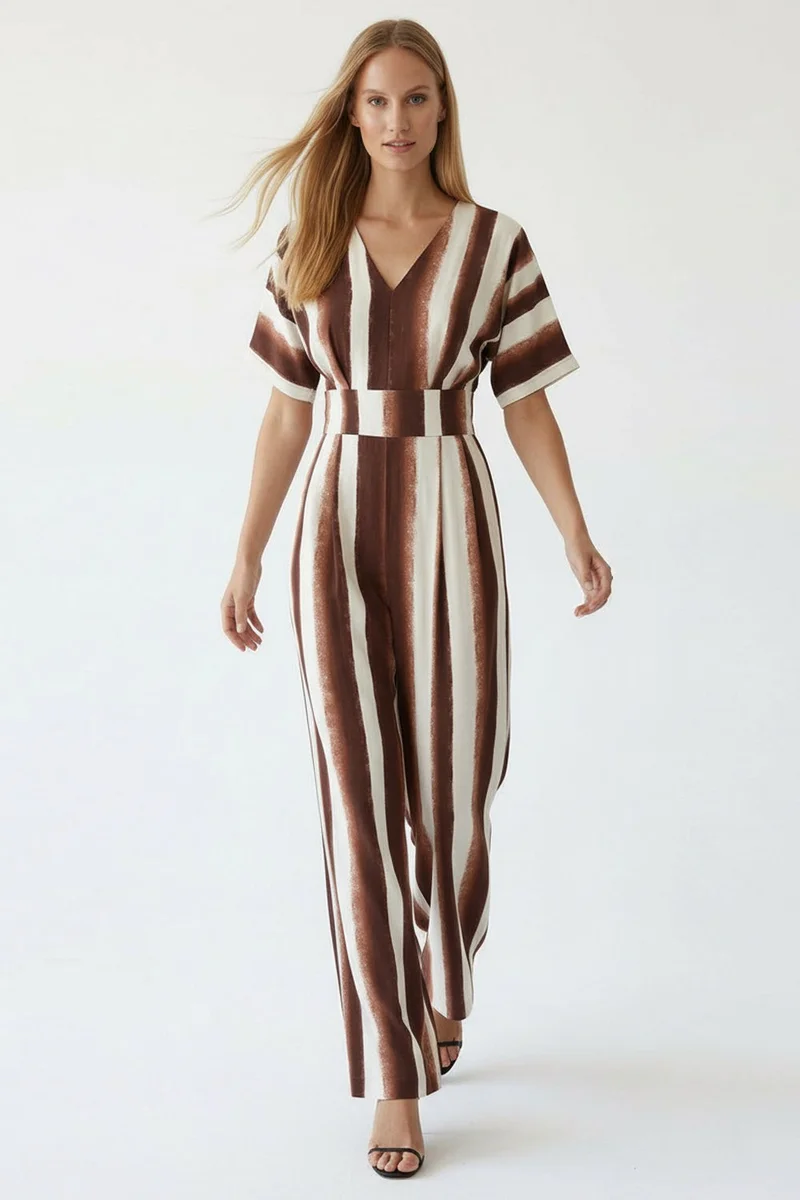 EXQUISE Striped Jumpsuit with Tie Detail