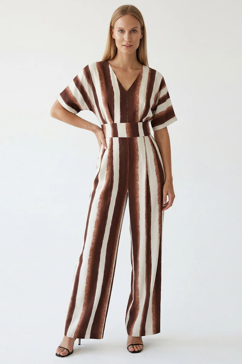 EXQUISE Striped Jumpsuit with Tie Detail