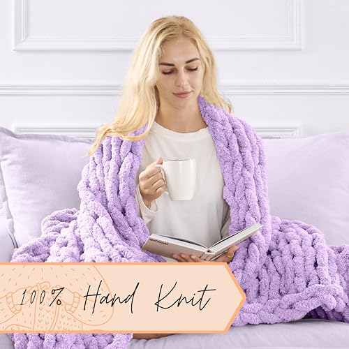 Adyrescia Chunky Knit Blanket Throw | 100% Hand Knit with Jumbo Chenille Yarn (50"x60", Pale Purple) - Image 3