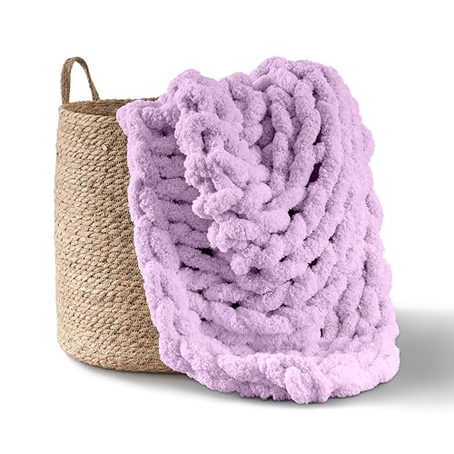 Adyrescia Chunky Knit Blanket Throw | 100% Hand Knit with Jumbo Chenille Yarn (50"x60", Pale Purple) - Image 1