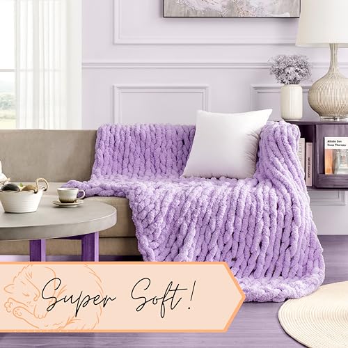 Adyrescia Chunky Knit Blanket Throw | 100% Hand Knit with Jumbo Chenille Yarn (50"x60", Pale Purple) - Image 4