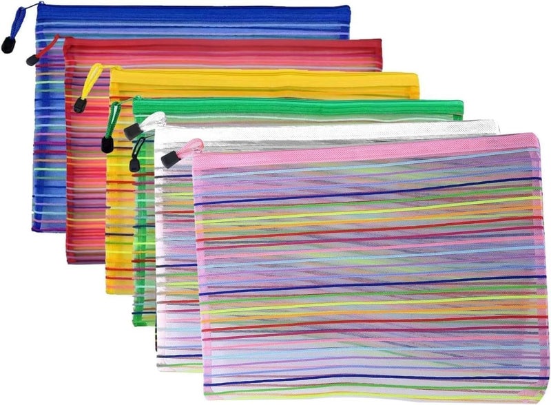 Storage Pouches - Multicolour Striped Mesh Zipper File Bags 34x23.5cm, Set of 6 Document Organizers for School Office, Practical and Stylish Paper Keeper (4 pieces) - Image 2