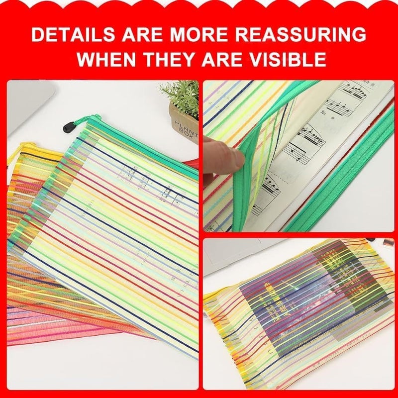 Storage Pouches - Multicolour Striped Mesh Zipper File Bags 34x23.5cm, Set of 6 Document Organizers for School Office, Practical and Stylish Paper Keeper (4 pieces) - Image 3