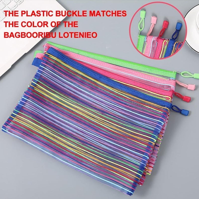 Storage Pouches - Multicolour Striped Mesh Zipper File Bags 34x23.5cm, Set of 6 Document Organizers for School Office, Practical and Stylish Paper Keeper (4 pieces) - Image 5