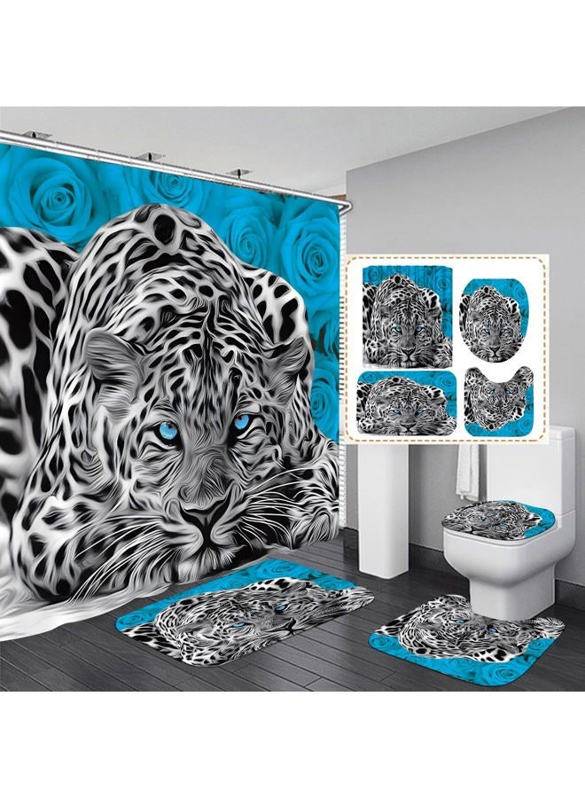 jieprom 4PCS Teal Rose and Leopard Shower Curtain Set with Rugs,Toilet Lid Cover and Bath Mat, Shower Curtain with 12 Hooks, Complete Bathroom Accessories Bathroom Decor Set - Image 1