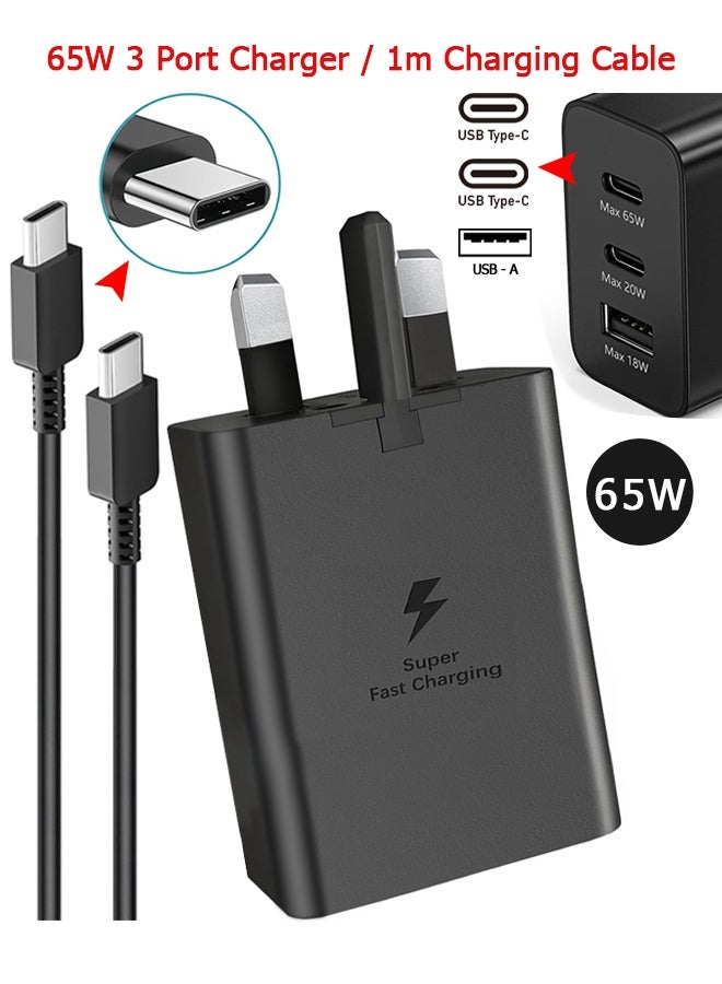 65W 3-Port Ultra Fast Charger Charging Cable Set - 2*USB-C Port/1*USB-A Port - For Samsung Series Phones/iPhone 15/16 Series Phones/Other Series Phones/Air Tablet Dell XPS Laptops and More - With 1m C-C Port Charging Cable - Black