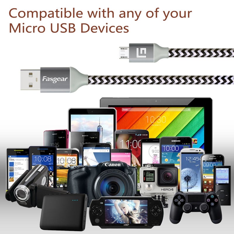 Fasgear Micro USB Cable, 1 Pack 10ft Nylon Braided Micro USB Sync Cable Compatible with Galaxy, Nokia, Huawei, Nexus, Kindle, HTC, LG, Sony, PS4, Switch and more (White) - Image 4
