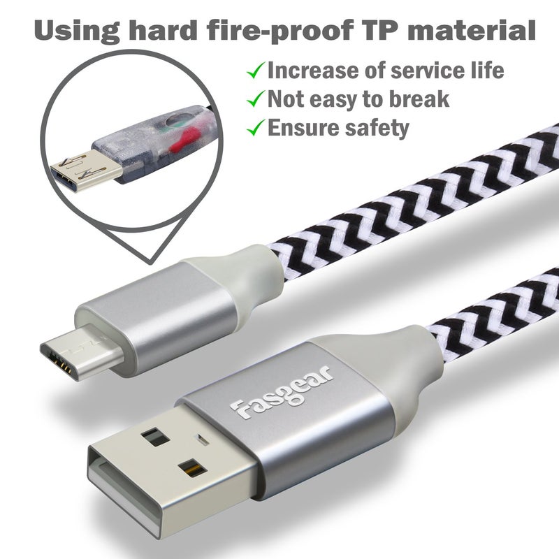 Fasgear Micro USB Cable, 1 Pack 10ft Nylon Braided Micro USB Sync Cable Compatible with Galaxy, Nokia, Huawei, Nexus, Kindle, HTC, LG, Sony, PS4, Switch and more (White) - Image 2