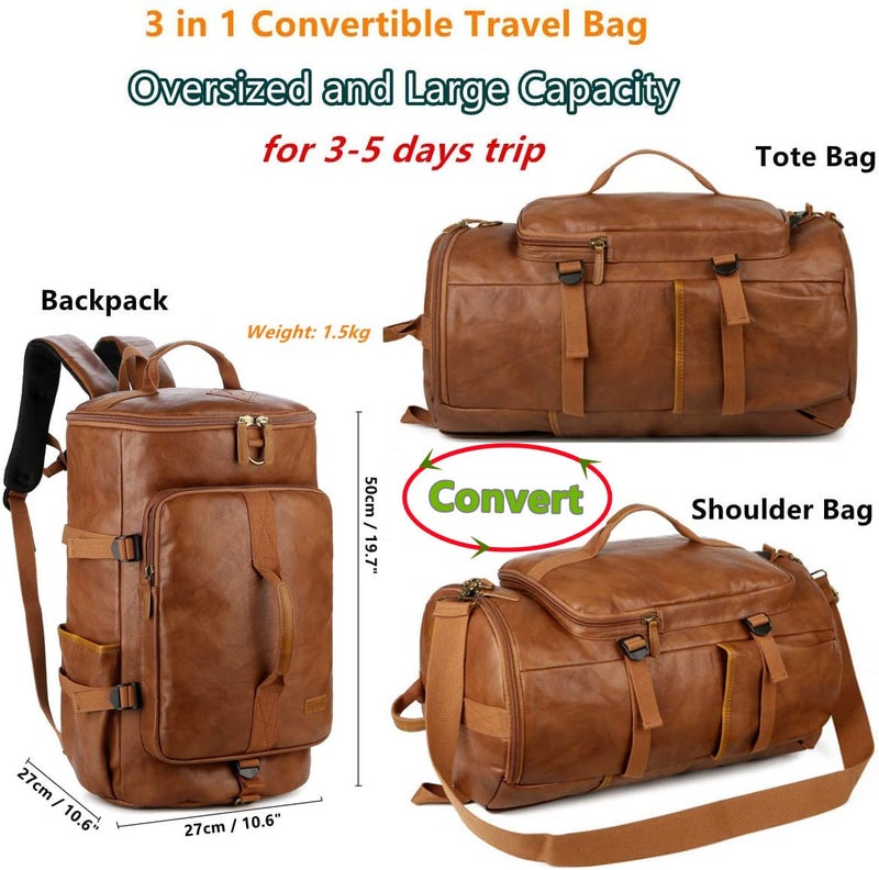 BAOSHA Stylish Leather Men Weekender Travel Duffel Bag Backpack Hybrid Hiking Rucksack Overnight Bag Convertible HB-26, Brown, Large, Leather Travel Duffel Bag - Image 2