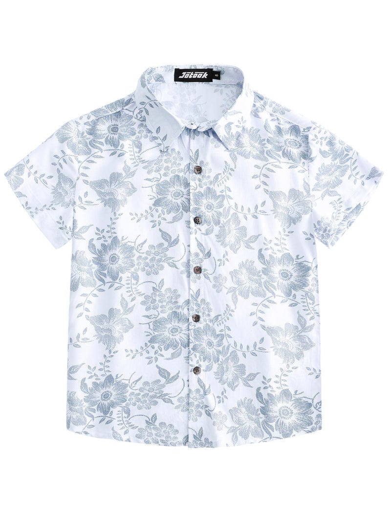 JOTOOK Boys Hawaiian Shirt Short Sleeve Button Down Shirt Casual Floral Tropical Beach Shirts 6-14 Years 6 WhiteBlue Flower - Image 3