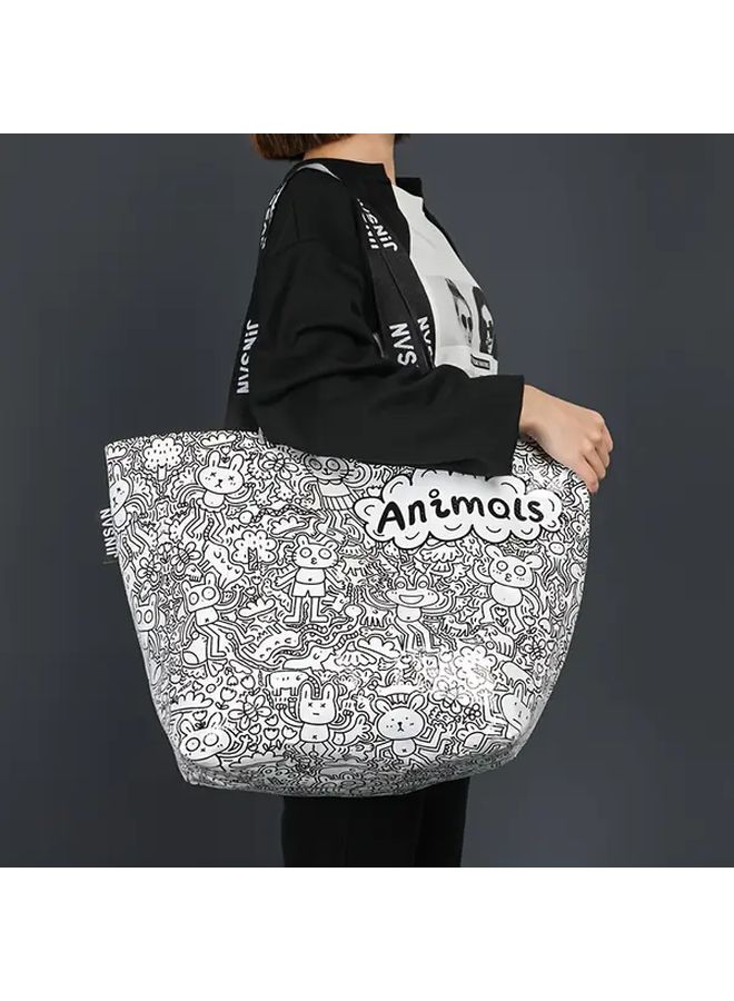 Animal Doodles Large Capacity Waterproof Thickened PP Material Tote Bag For Shopping Travel School Household Storage - Image 1