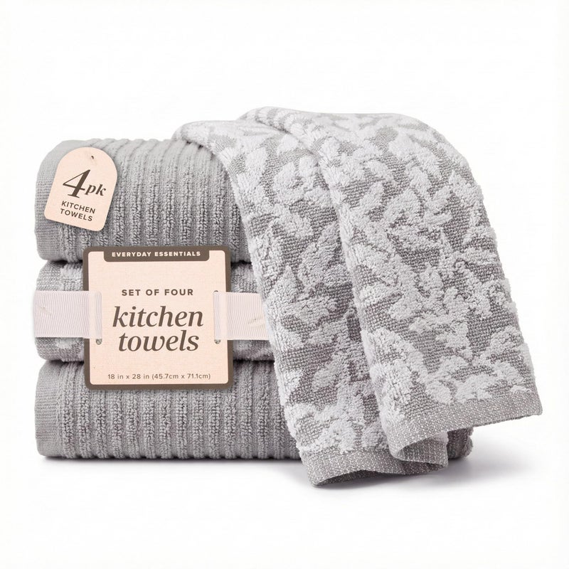 MosJos Cotton Kitchen Hand Towels, Beige and Grey-White Vine Pattern, Ribbed Drying Cloths, 18 x 28 Inches, 4 Pack - Image 1