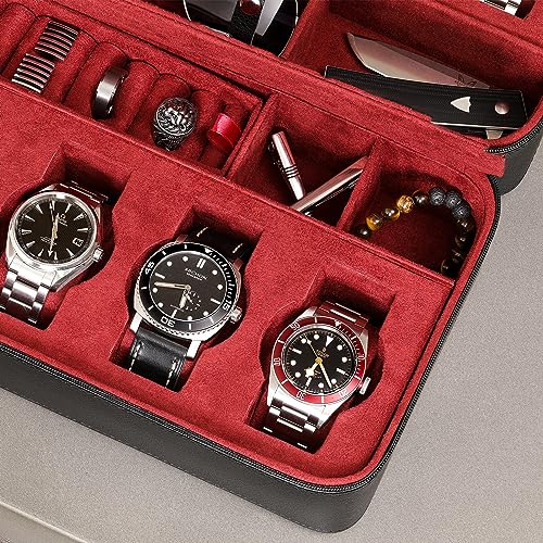 ROTHWELL 8 Watch Travel Case Storage Organizer for 8 Watches, Sunglasses, Rings & Cufflinks |Tough Portable Protection with Zipper Fits Most Wristwatches & Smart Watches Up to 50mm (Black/Red) - Image 5