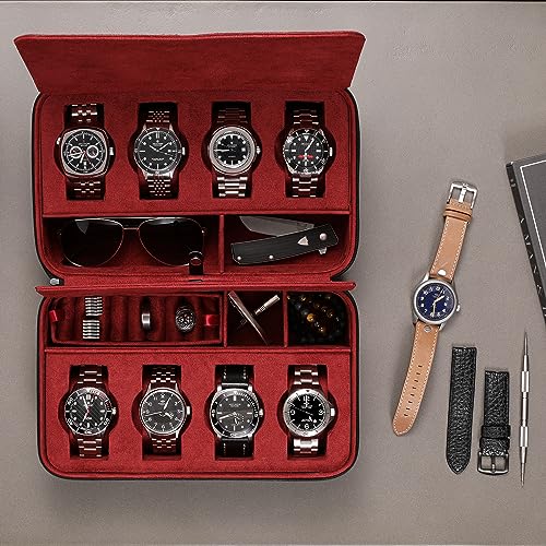 ROTHWELL 8 Watch Travel Case Storage Organizer for 8 Watches, Sunglasses, Rings & Cufflinks |Tough Portable Protection with Zipper Fits Most Wristwatches & Smart Watches Up to 50mm (Black/Red) - Image 2