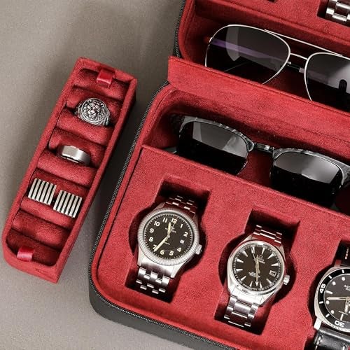 ROTHWELL 8 Watch Travel Case Storage Organizer for 8 Watches, Sunglasses, Rings & Cufflinks |Tough Portable Protection with Zipper Fits Most Wristwatches & Smart Watches Up to 50mm (Black/Red) - Image 4