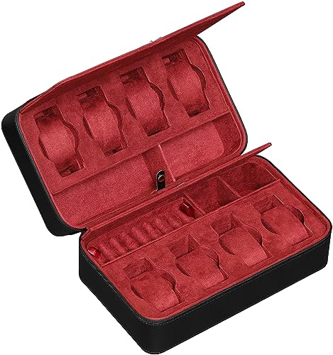 ROTHWELL 8 Watch Travel Case Storage Organizer for 8 Watches, Sunglasses, Rings & Cufflinks |Tough Portable Protection with Zipper Fits Most Wristwatches & Smart Watches Up to 50mm (Black/Red) - Image 1