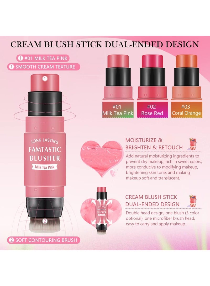 BP Blush Stick for Cheeks Blush Makeup - 2 in 1 Multi Stick Blush for Cheeks Tint & Eyes & Lips, Cheek Makeup Stick Makeup Blush with Brush, Waterproof Creme Blush (#01 Cherry Pink) - Image 1