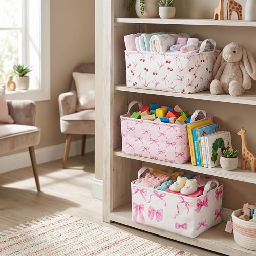 BBSET 3 Pcs Pink Bow Storage Basket Coquette Girls Rectangle Storage Bins Box with Handles Bows and Chery Shelf Basket Ideal for Room Nursery Decor Books Organizing Clothes Toys - Image 3