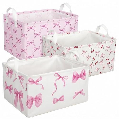 BBSET 3 Pcs Pink Bow Storage Basket Coquette Girls Rectangle Storage Bins Box with Handles Bows and Chery Shelf Basket Ideal for Room Nursery Decor Books Organizing Clothes Toys - Image 1
