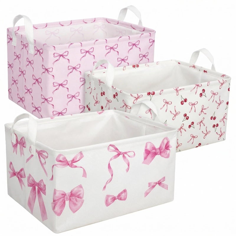 BBSET 3 Pcs Pink Bow Storage Basket Coquette Girls Rectangle Storage Bins Box with Handles Bows and Chery Shelf Basket Ideal for Room Nursery Decor Books Organizing Clothes Toys - Image 2