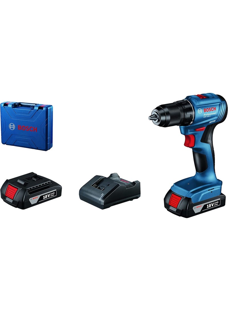 BOSCH GSR 185-LI 18V مثقاب ومفك براغي لاسلكي 06019K30L0، آلة مثقاب احترافية بدون فرش مع بطاريتين 2 x 2.0Ah Li-Ion، شاحن وحقيبة حمل للاستخدام في الخشب والمعدن وتركيب البراغي والأعمال اليدوية - Image 1