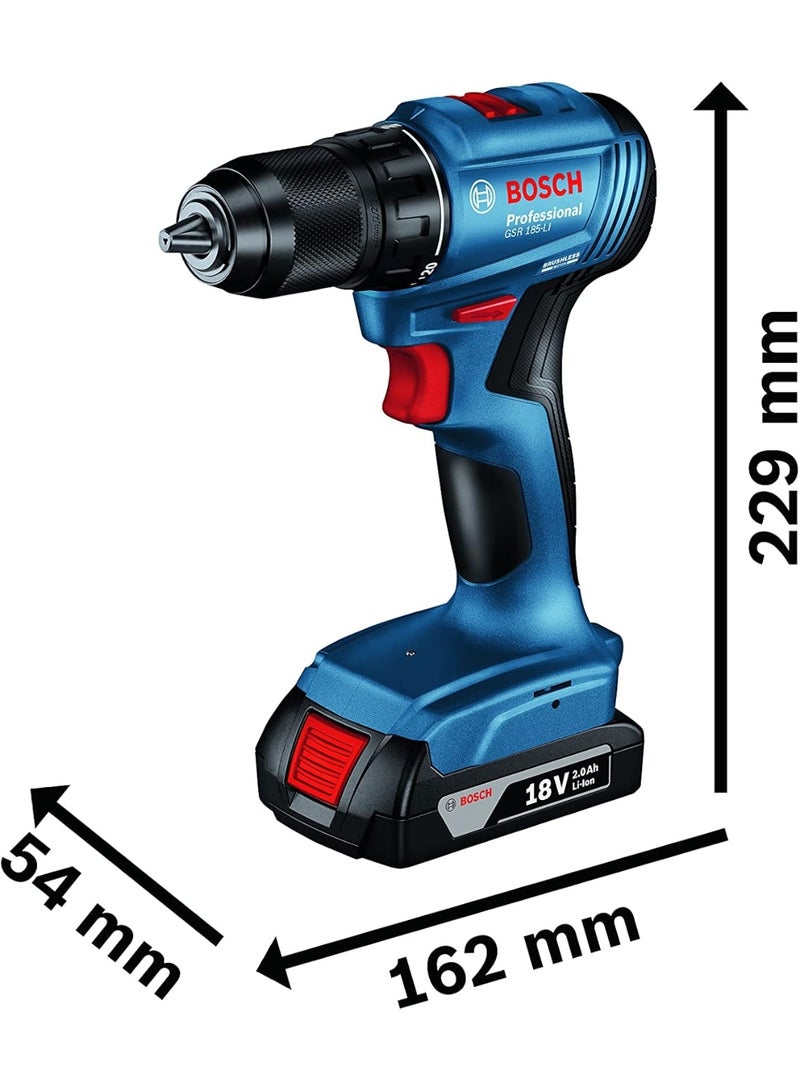 BOSCH GSR 185-LI 18V مثقاب ومفك براغي لاسلكي 06019K30L0، آلة مثقاب احترافية بدون فرش مع بطاريتين 2 x 2.0Ah Li-Ion، شاحن وحقيبة حمل للاستخدام في الخشب والمعدن وتركيب البراغي والأعمال اليدوية - Image 3
