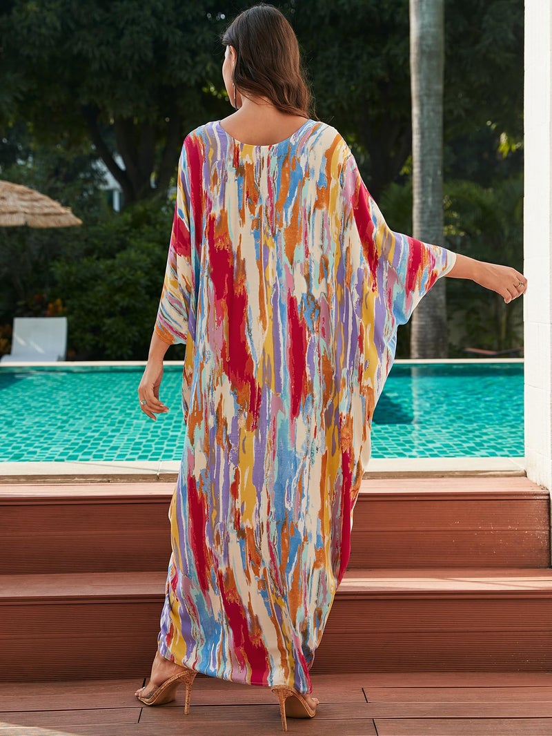RanRui Women's V Neck Tie Dye Stripe Pleated Kaftans mrs Roper Outfit Plus Size & Petite momo Dresses Kaftan Dresses 70s Mumu Rayon Embroidery Dubai Outfits mrs Roper Caftan Loungewear 8765-0 - Image 1