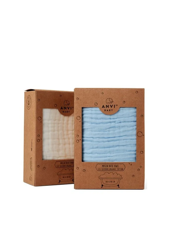 Anvi Baby Set of 2 Organic Muslin Bath Towel- Blue & White 105x105cms