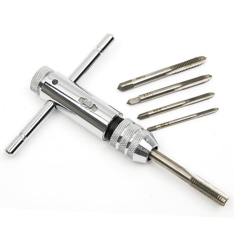 QISF Adjustable Silver T-Handle Ratchet Tap Holder Wrench with 5pcs M3-M8 3mm-8mm Machine Screw Thread Metric Plug T-shaped Tap - Image 2