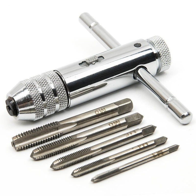 QISF Adjustable Silver T-Handle Ratchet Tap Holder Wrench with 5pcs M3-M8 3mm-8mm Machine Screw Thread Metric Plug T-shaped Tap - Image 1