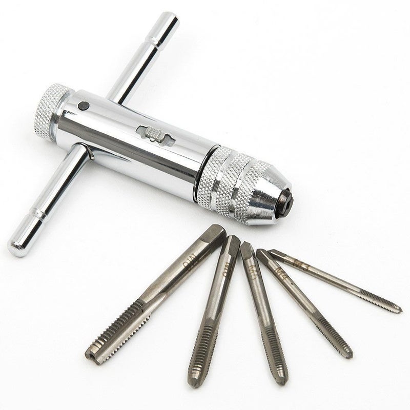 QISF Adjustable Silver T-Handle Ratchet Tap Holder Wrench with 5pcs M3-M8 3mm-8mm Machine Screw Thread Metric Plug T-shaped Tap - Image 5
