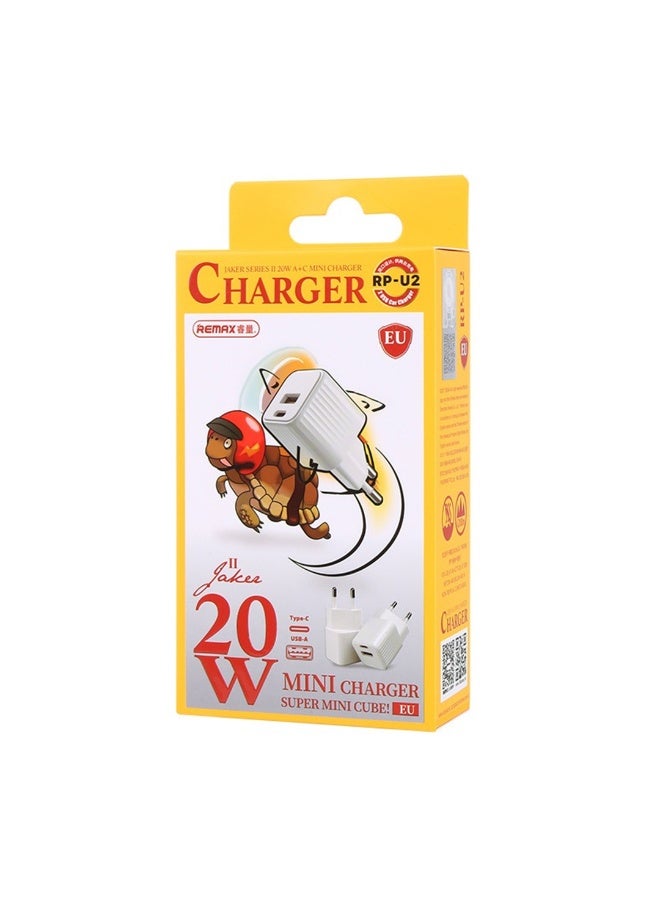 ريماكس شاحن صغير PR-U2، شاحن حائط سريع بمنفذين USB وType-C بقوة 20 وات، محول سفر صغير الحجم مع حماية ذكية - أبيض - Image 2