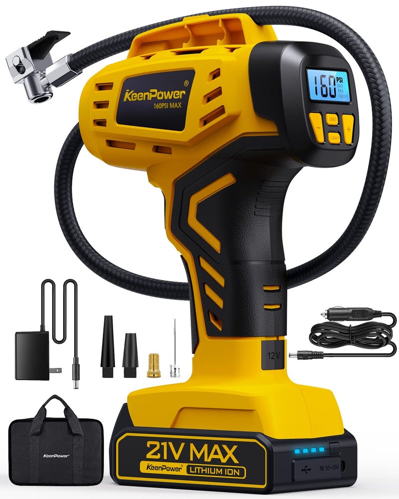 KeenPower Tire Inflator Portable Air Compressor - 2X Faster - 21V Rechargeable Battery Powered Handheld 160PSI Tire Inflator, Dual Power Supply Modes, Air Pump for Car Motorcycle E-Bike - Image 1