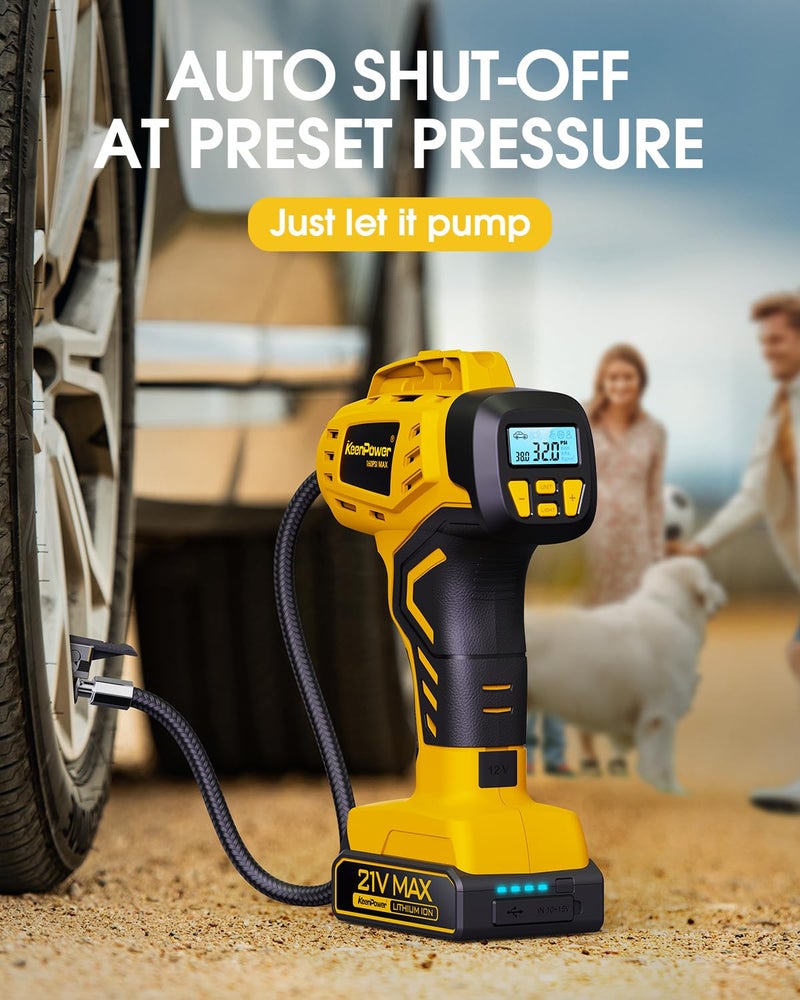 KeenPower Tire Inflator Portable Air Compressor - 2X Faster - 21V Rechargeable Battery Powered Handheld 160PSI Tire Inflator, Dual Power Supply Modes, Air Pump for Car Motorcycle E-Bike - Image 5