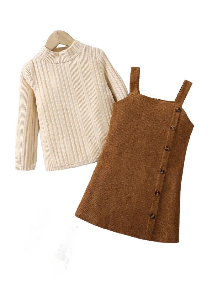 MakeMeChic Toddler Baby Girl Fall Outfits Mock Neck Long Sleeve Top and Corduroy Button Overall Dress Sets Beige and Brown 4Y - Image 3