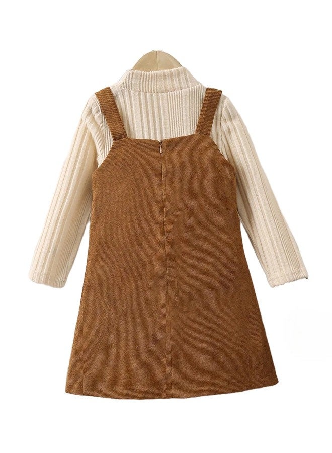 MakeMeChic Toddler Baby Girl Fall Outfits Mock Neck Long Sleeve Top and Corduroy Button Overall Dress Sets Beige and Brown 4Y - Image 2