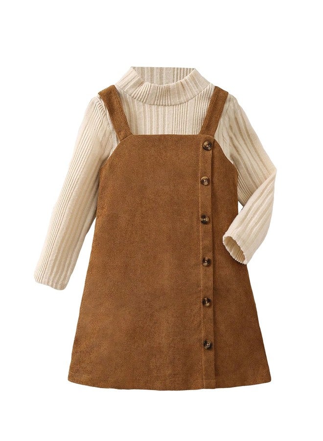 MakeMeChic Toddler Baby Girl Fall Outfits Mock Neck Long Sleeve Top and Corduroy Button Overall Dress Sets Beige and Brown 4Y - Image 1