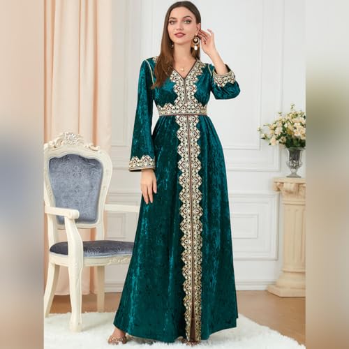 ODIZLI Abaya Dress Muslim Clothes For Women Eid Ramadan Long Sleeve V Neck Embroidered Velvet Dress Kaftan Dubai Islamic Prayer Dress Muslim Dress For Women Moroccan Dress For Women Party Dark Green M - Image 3