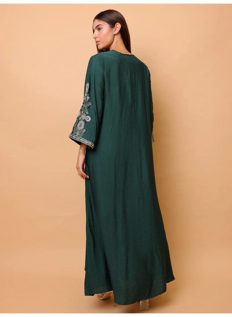 IKKXA  Solid Casual Jalabiya Embroidery Details on Front and Sides for Women | Best Price UAE